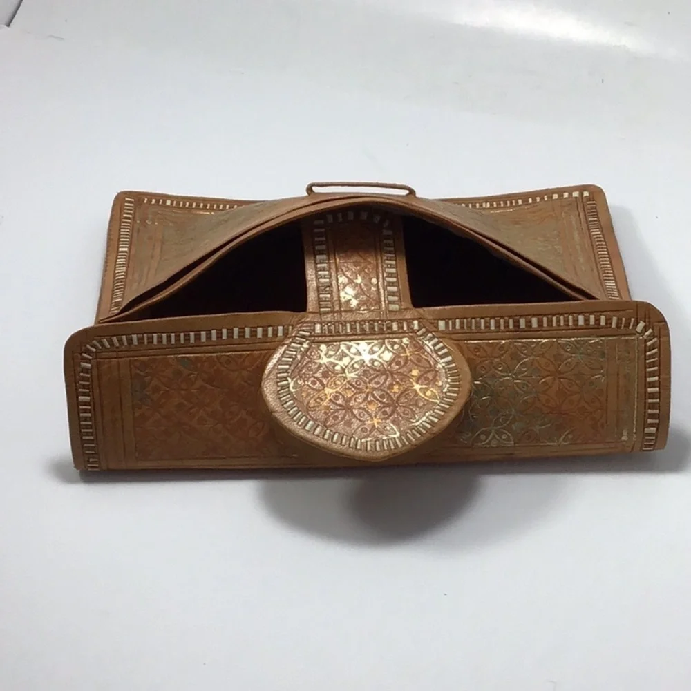 Vintage Moroccan Hand-Tooled Tooled Leather Gold Leaf Clutch & Wallet.